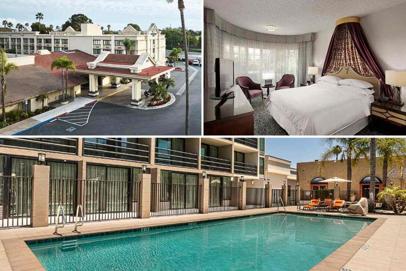 collage of 3 images with: bedroom, pool area and hotel's building