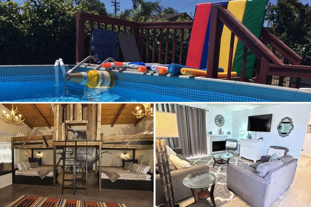 collage of 3 images with: bedroom, pool area and lounge