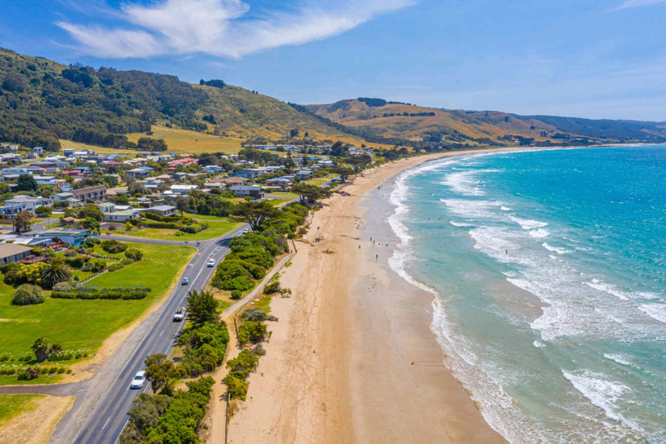 An aerial view of a beach and town