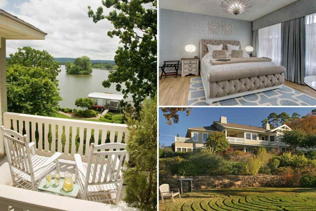 Collage of three hotel pictures: balcony with seating area, bedroom, and hotel exterior