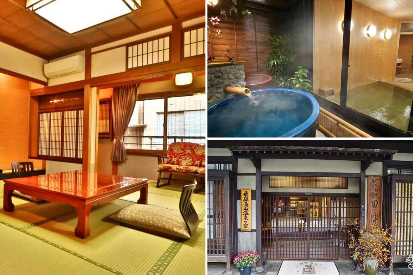 collage of 3 images with: ryokan building, private onsen and japanese bedroom