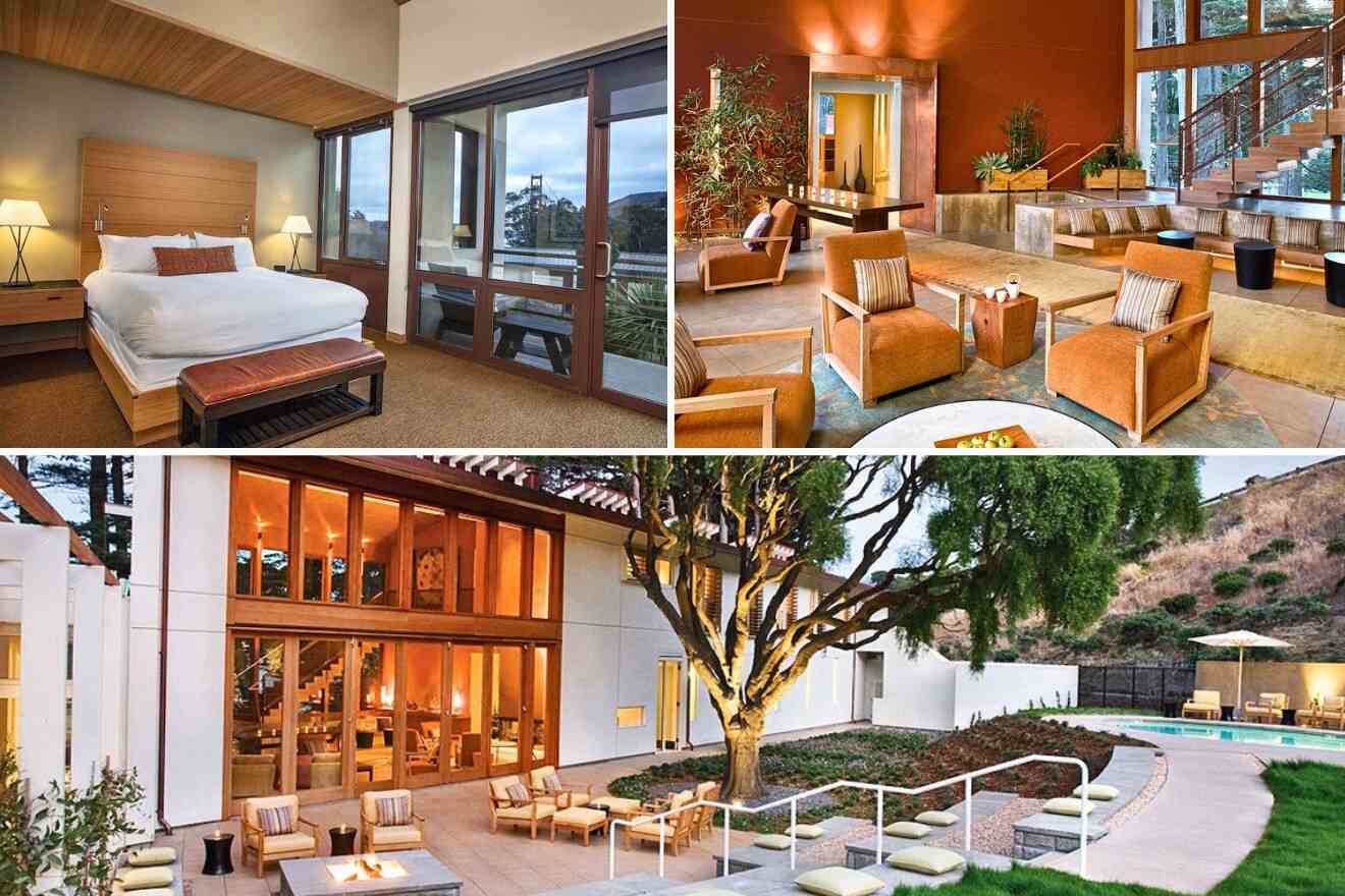 collage of 3 images with: a bedroom, hotel's backyard with lounge and pool and a common lounge area