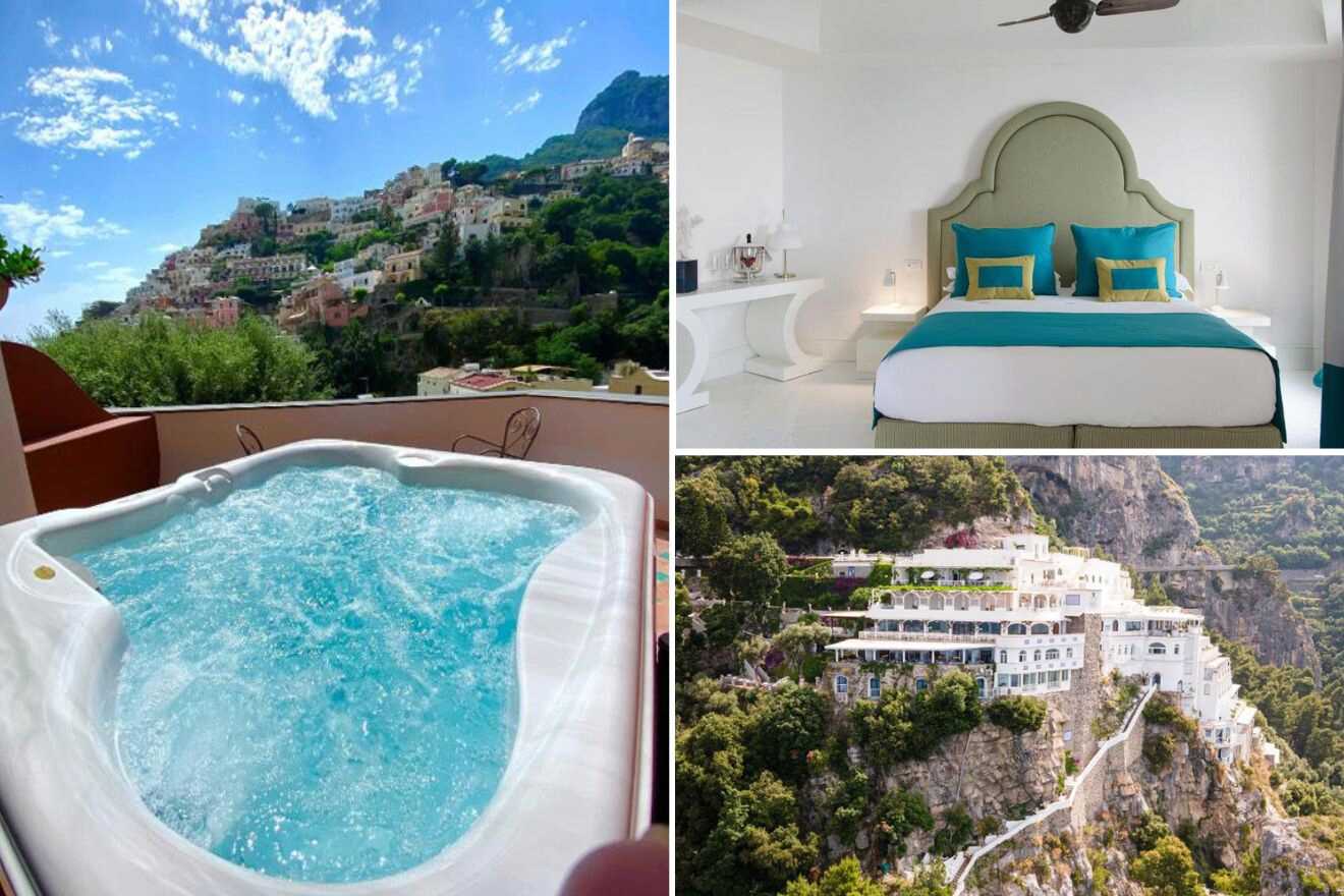 Collage of three hotel pictures: outdoor jacuzzi, bedroom, and aerial view of hotel