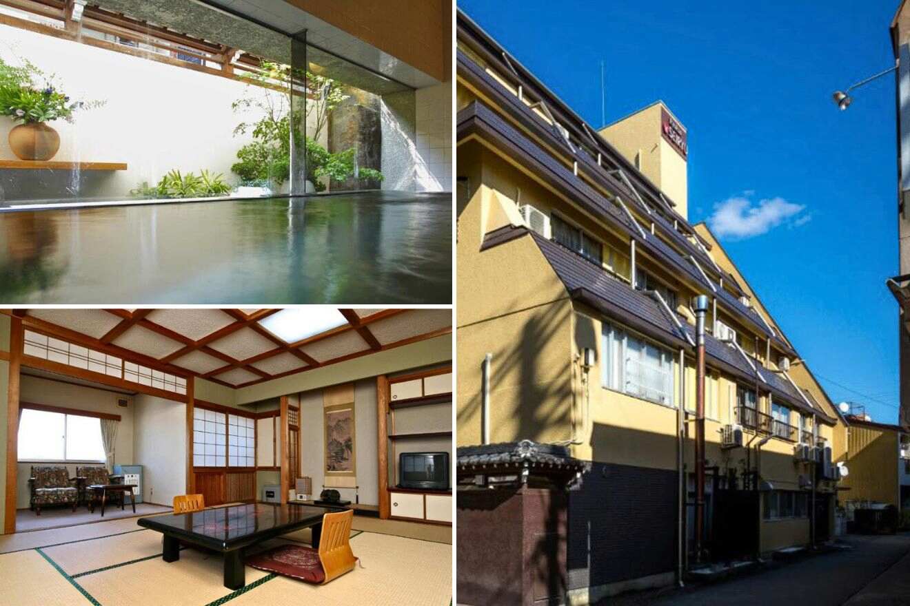 collage of 3 images with: ryokan building, private onsen and japanese bedroom