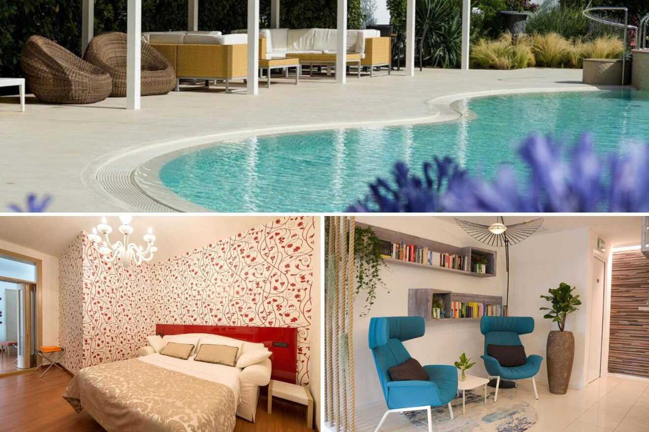 collage of 3 images with: bedroom, lounge and pool area