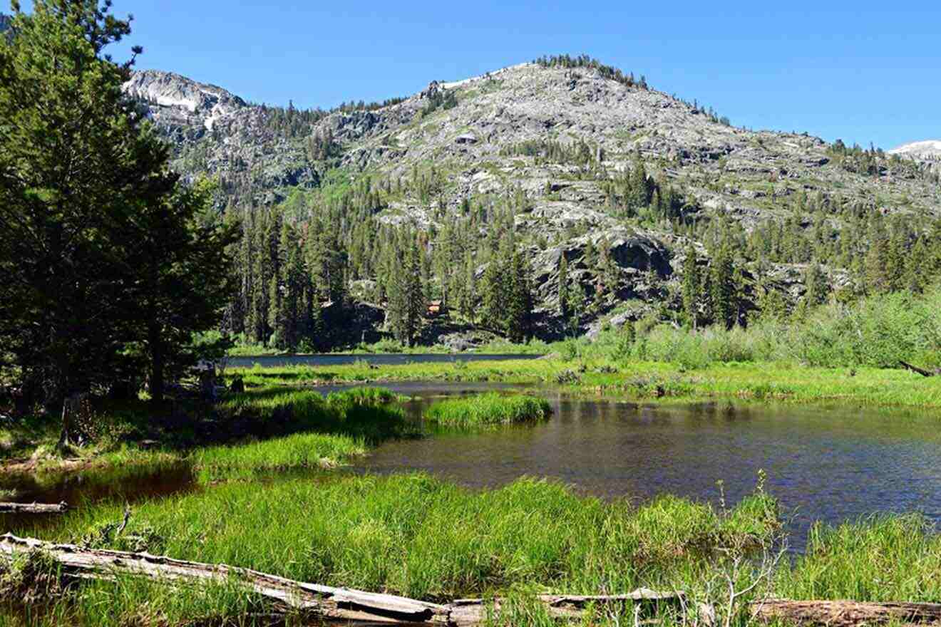 A lake surrounded by mountains and trees.