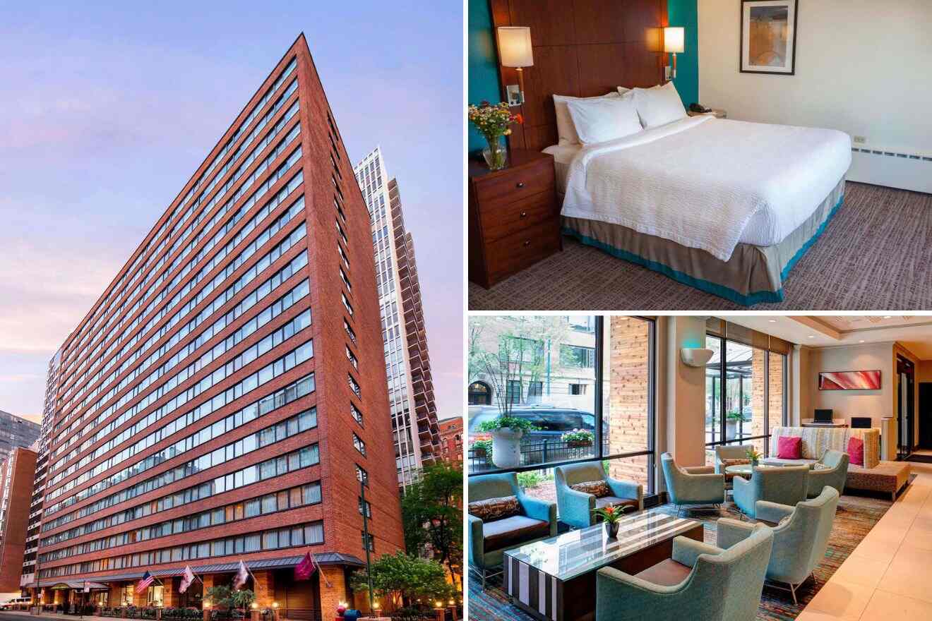 collage of 3 images with: a bedroom, lounge near large windows and hotel's building