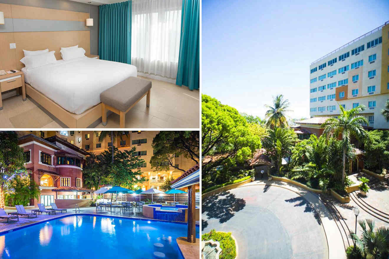 collage of 3 images with: a bedroom, swimming pool and exterior of the hotel