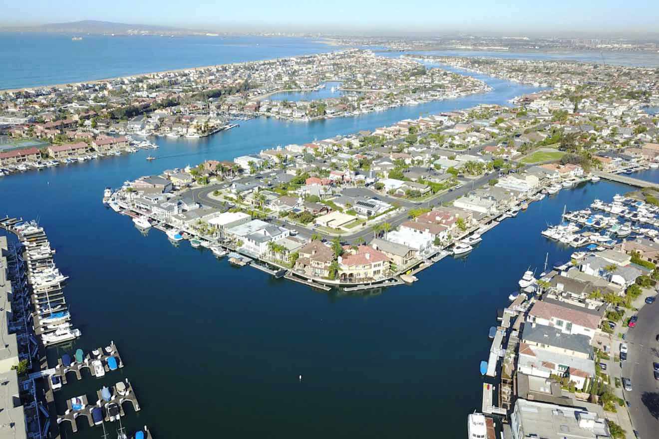 An aerial view of a marina with houses and boats.