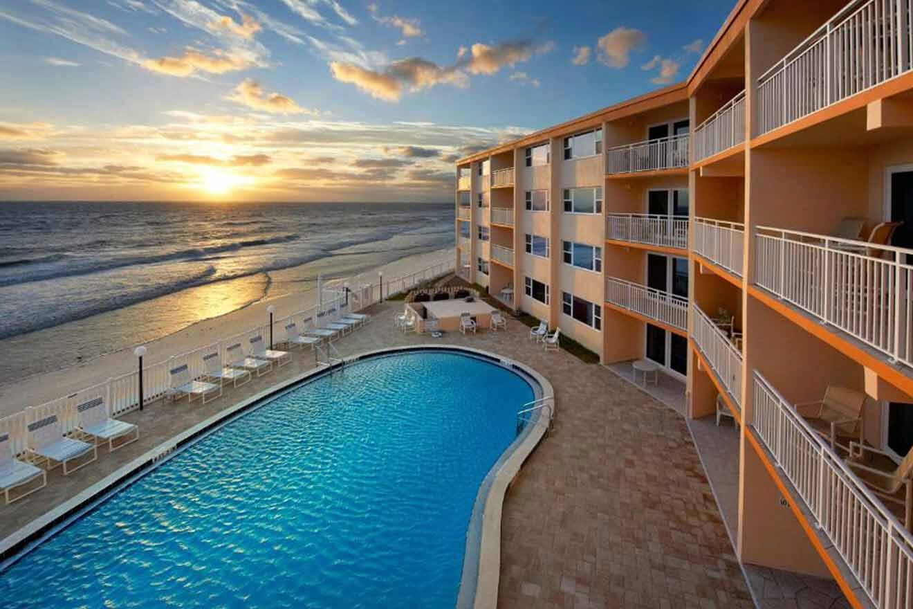 The pool near a hotel.