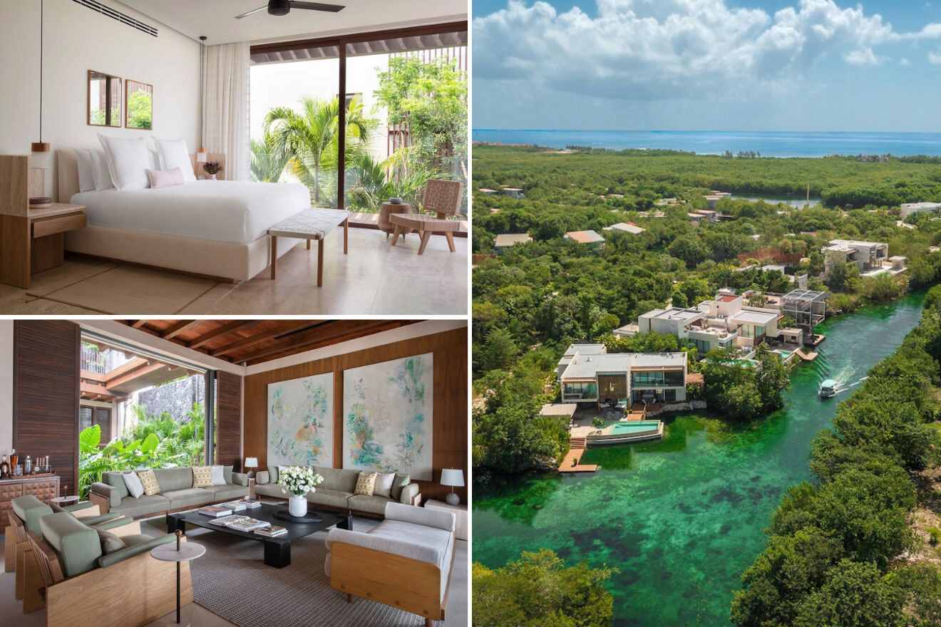 Collage of three hotel pictures: bedroom, living room, and aerial view of hotel exterior