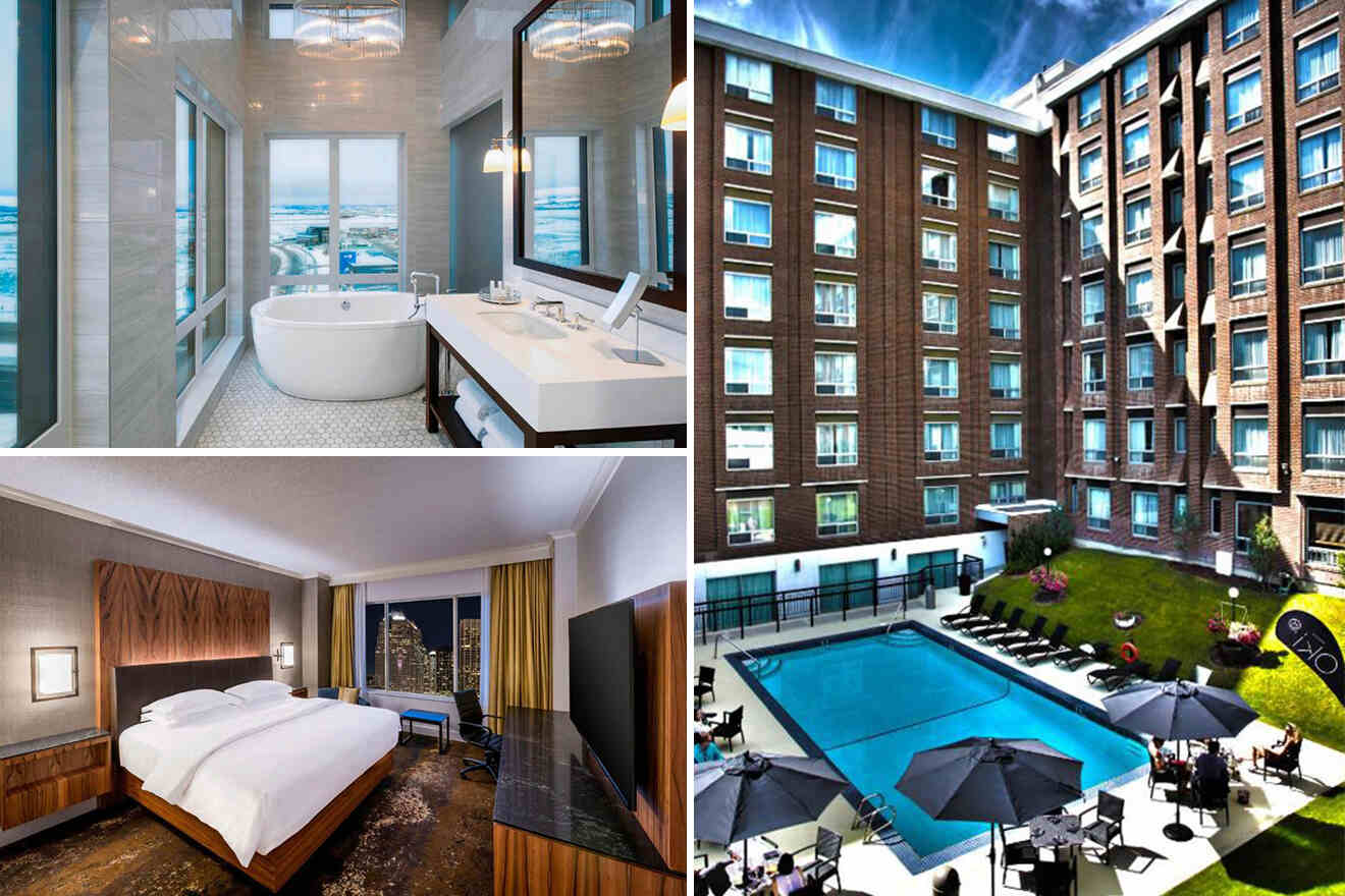 collage with 3 images of: a pool surrounded by hotel's building, bedroom and bathroom