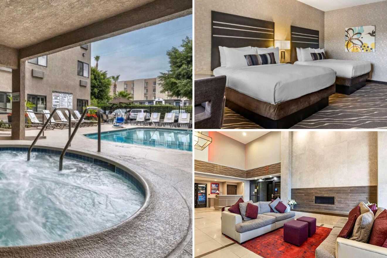 collage of 3 images with: bedroom, pool area and lounge