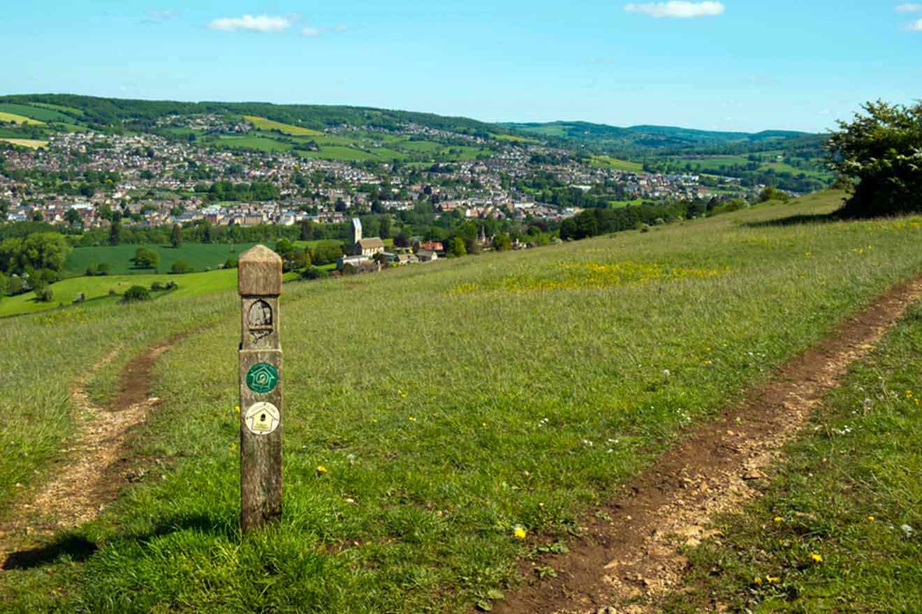 A path leading up to a hill with a view of a city.