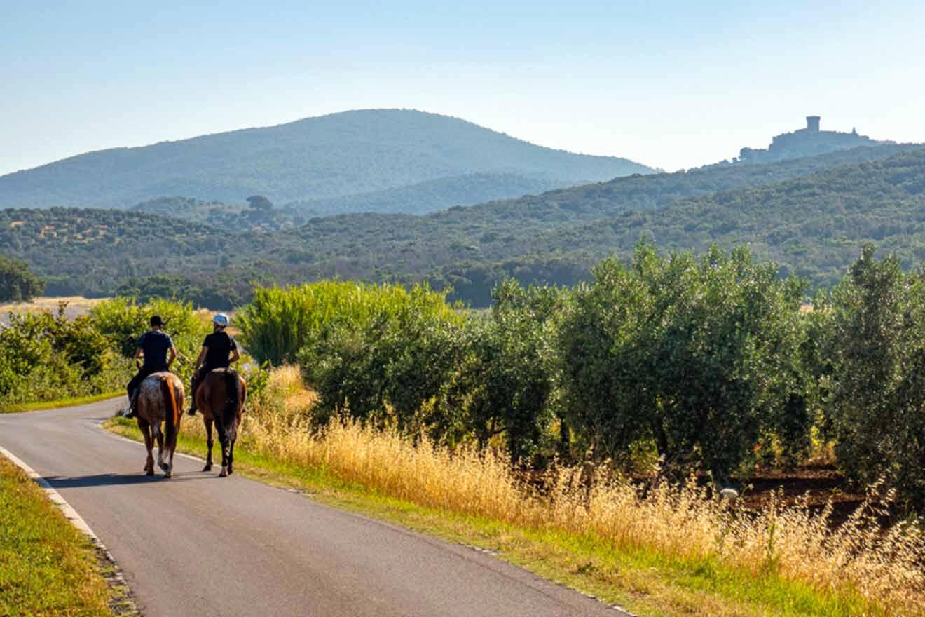 Two people riding horses down a road with mountains in the background.