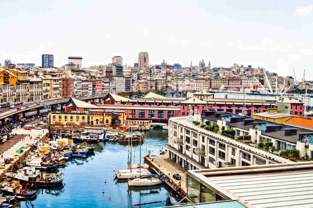 A view of a harbor with boats docked in it.