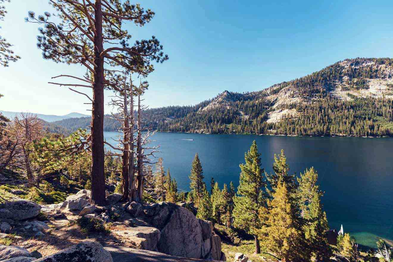 A view of lake tahoe from a rocky cliff.