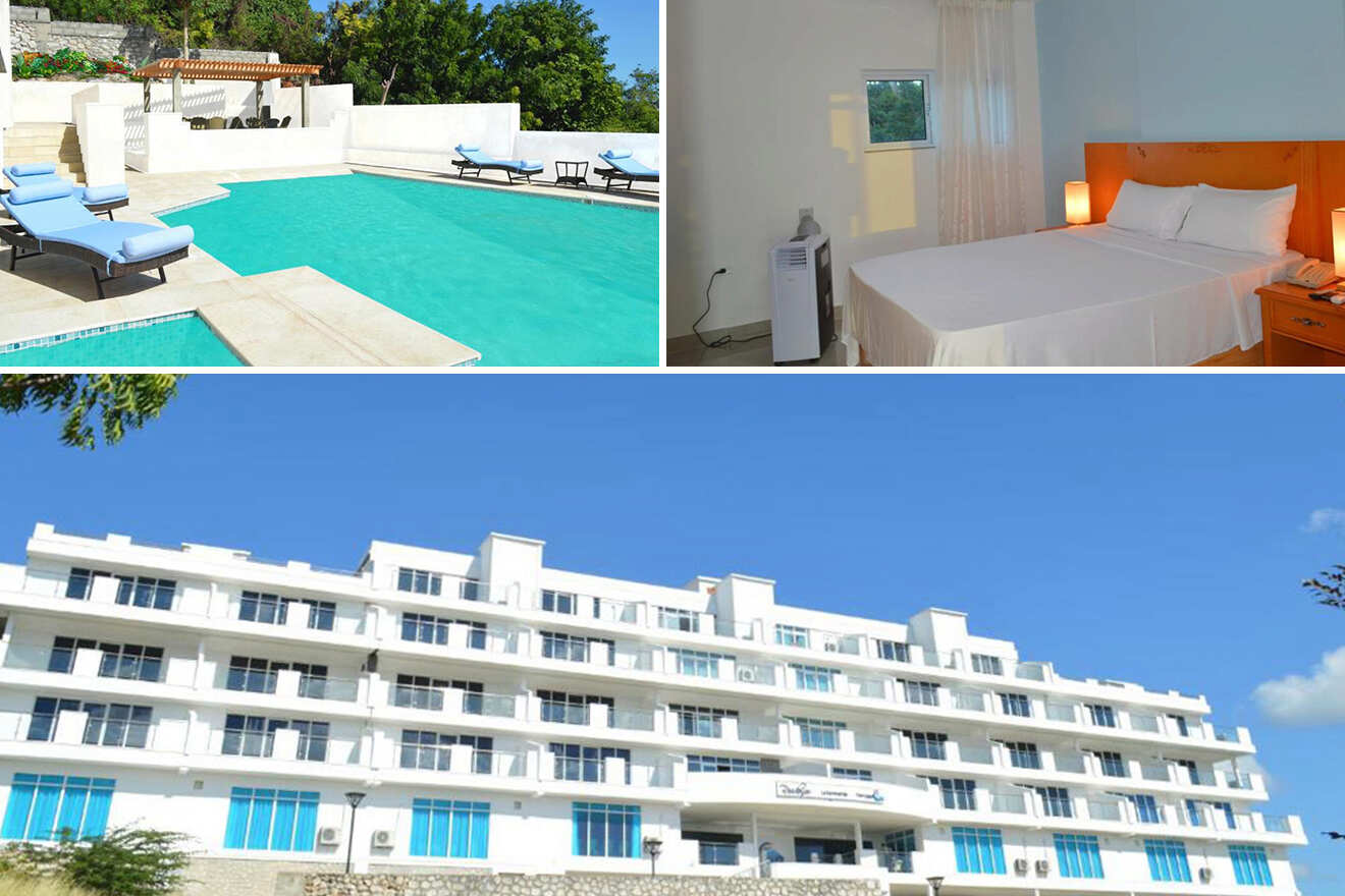 collage of 3 images with: a bedroom, swimming pool and exterior of the hotel