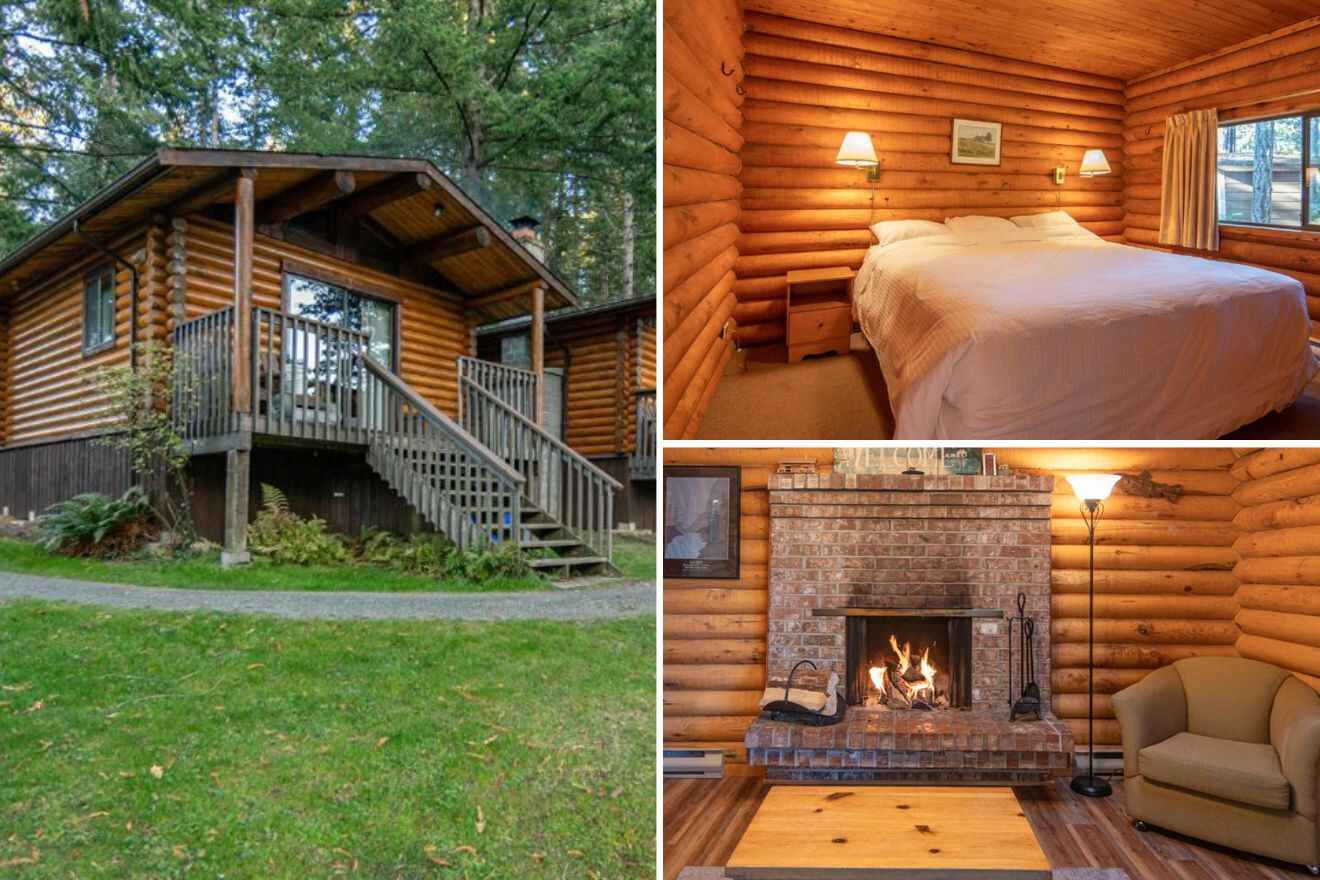 collage of 3 images with: a bedroom, cabin's building and armchair by the fireplace