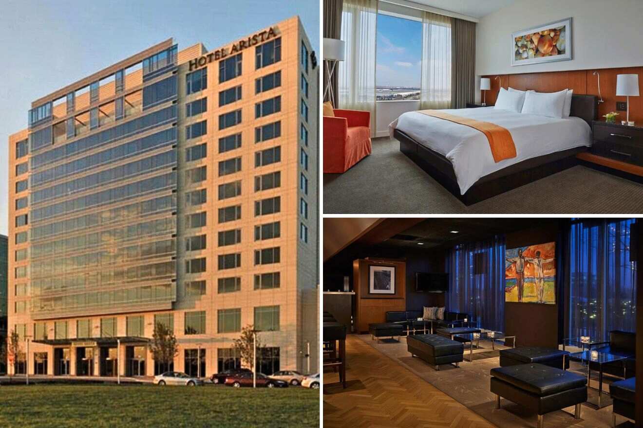 collage of 3 images with: bedroom, lounge area and hotel's building