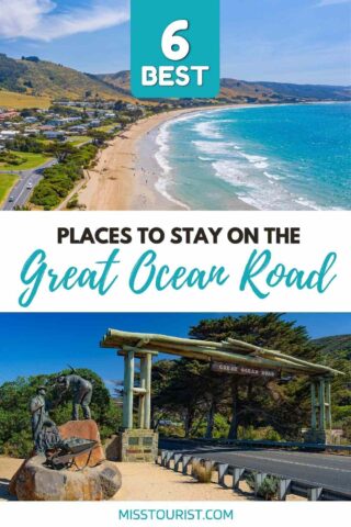 collage of 2 images with: aerial view over a beach and wooden arch sign over the road