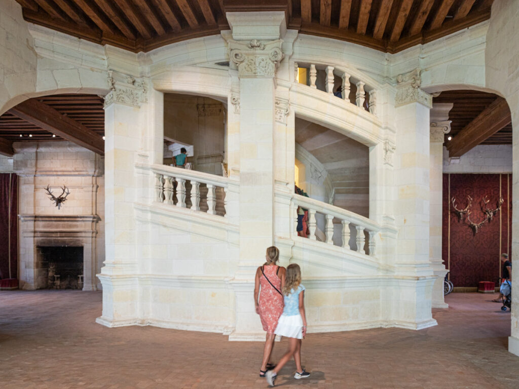 double helix staircase in middle of hall