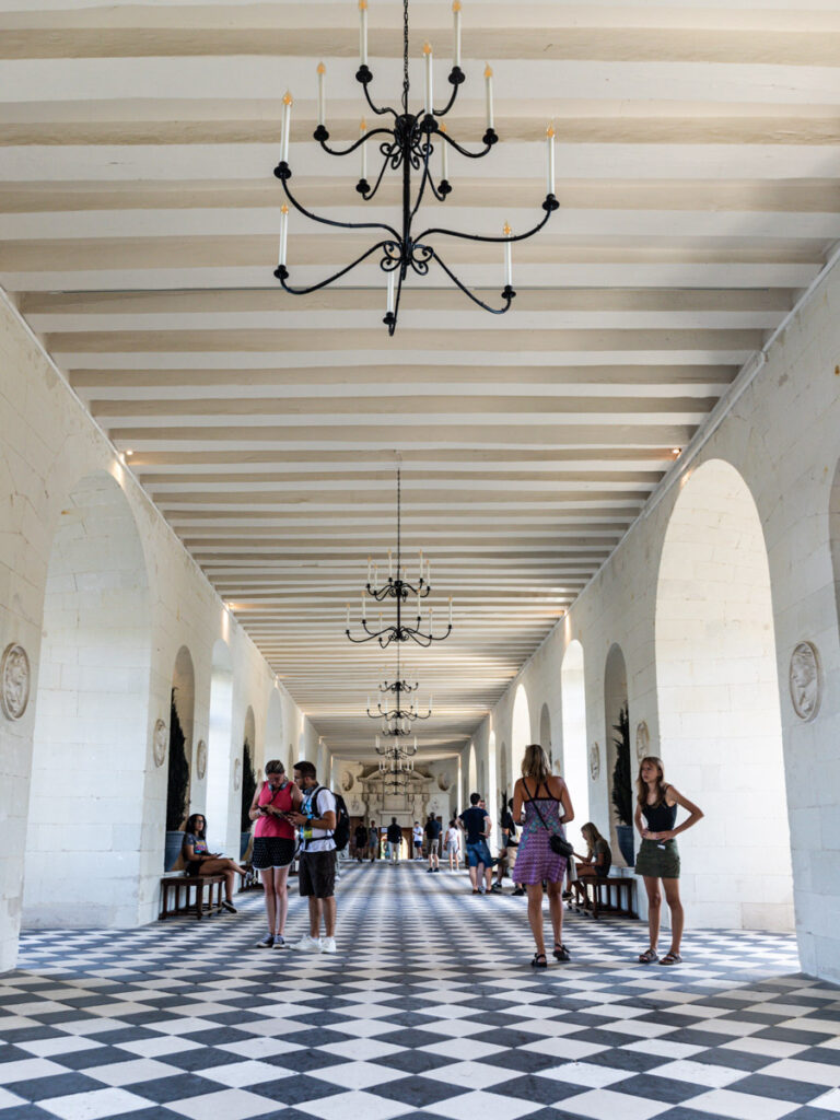 black and white tiled floor in gallery