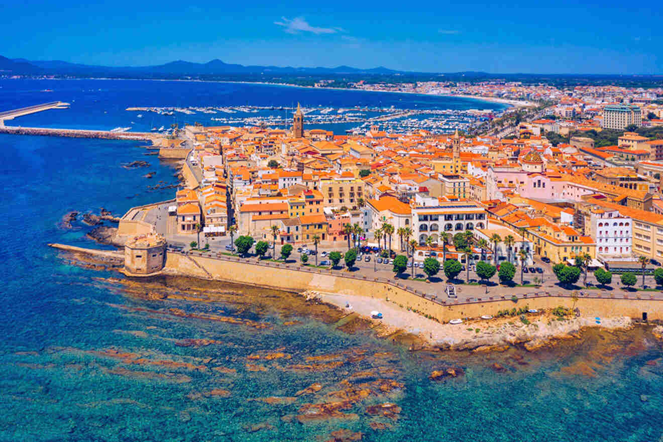 An aerial view of a town near the ocean.