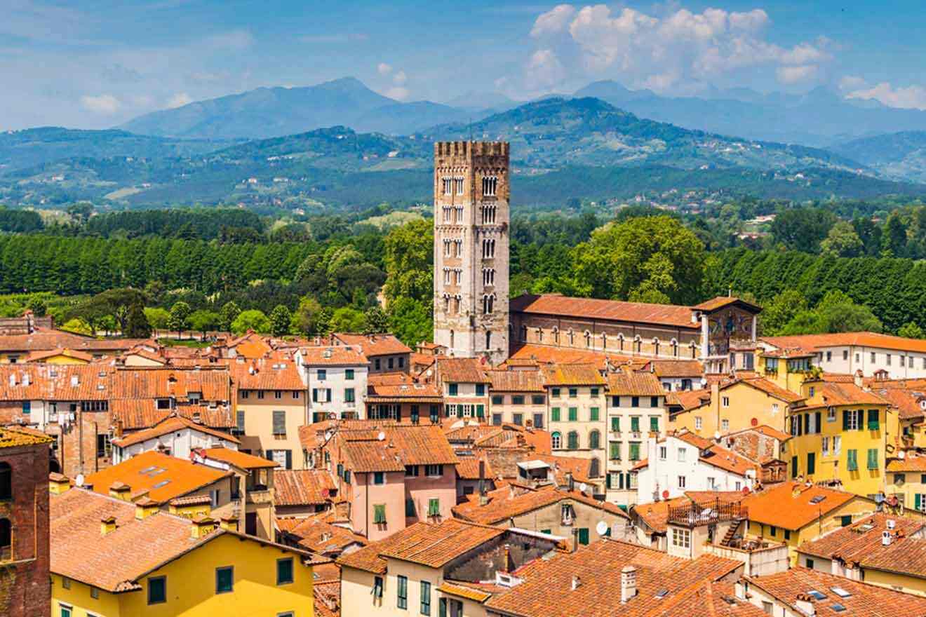 An aerial view of a city with mountains in the background