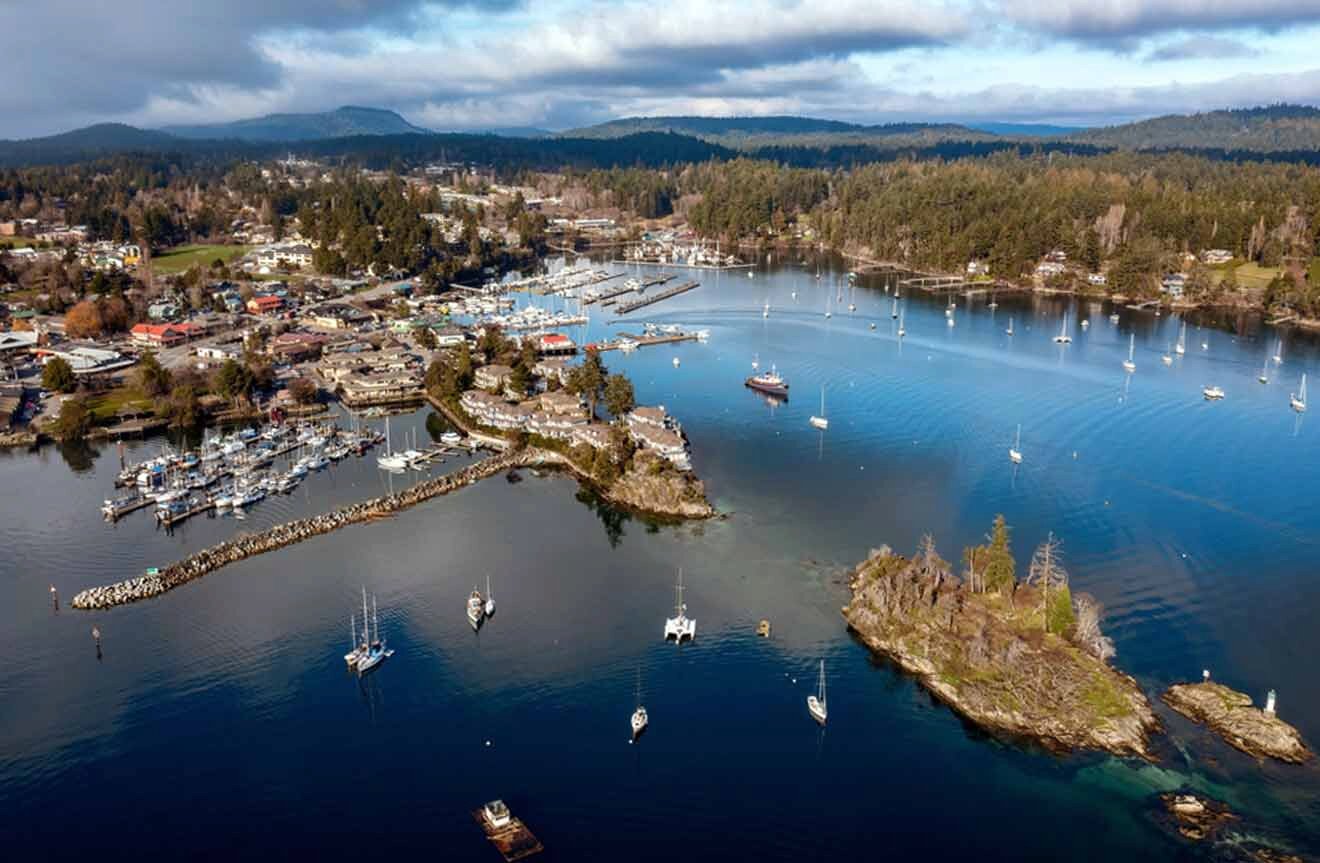 An aerial view of a small town with boats in the water.