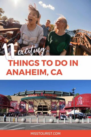 a collage of two photos: people on a rollercoaster and entrance of a stadium