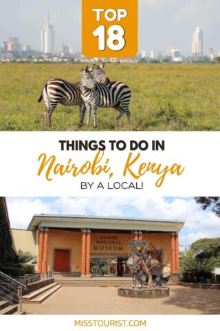 collage of two hotel photos: two zebras on a green patch with a city in the background, and the exterior of a museum