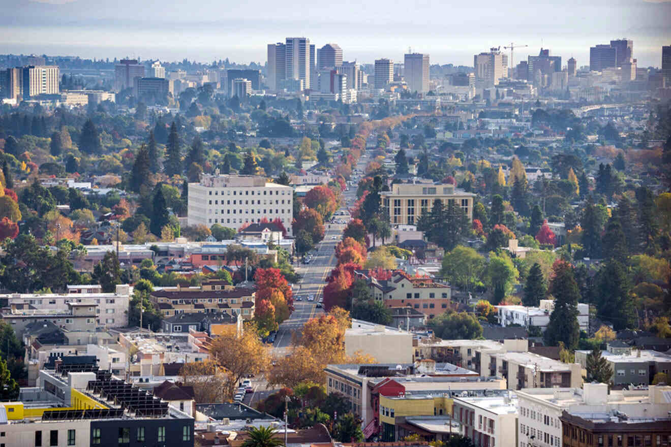 An aerial view of a city with lots of buildings and trees