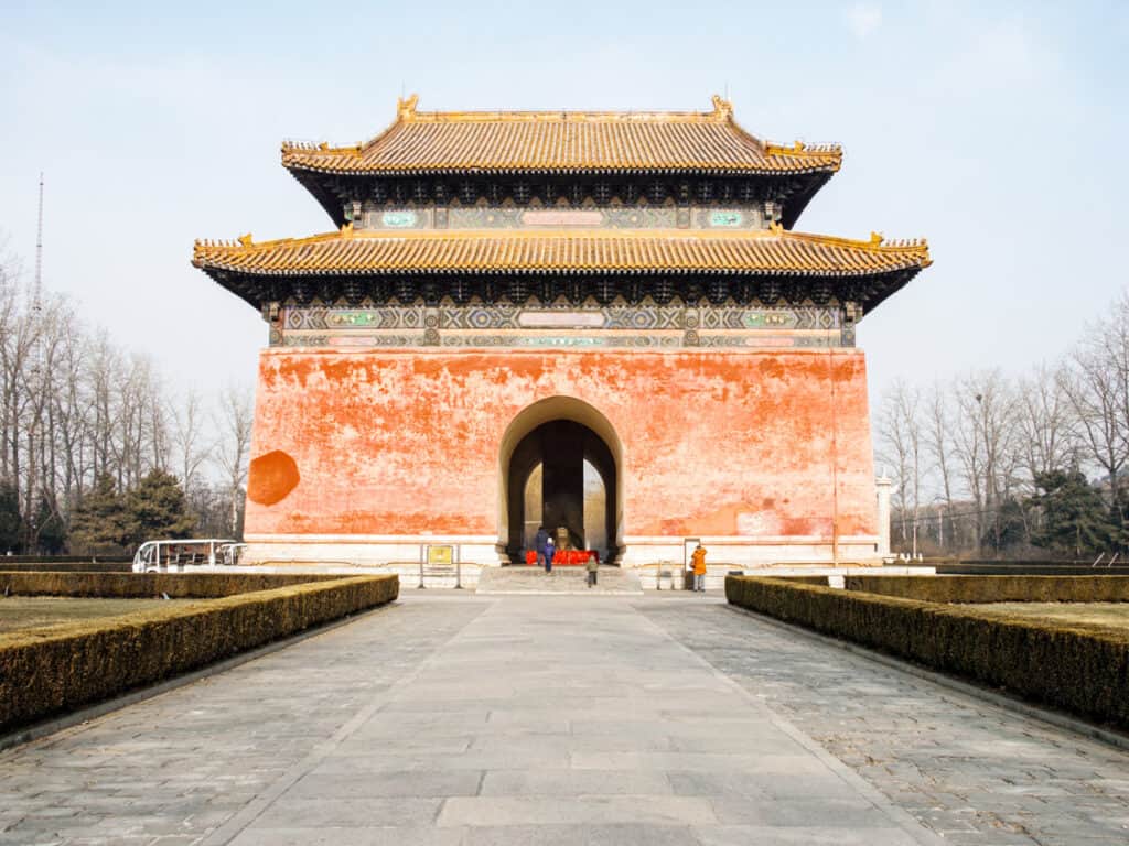 orange tomb at end of walkway