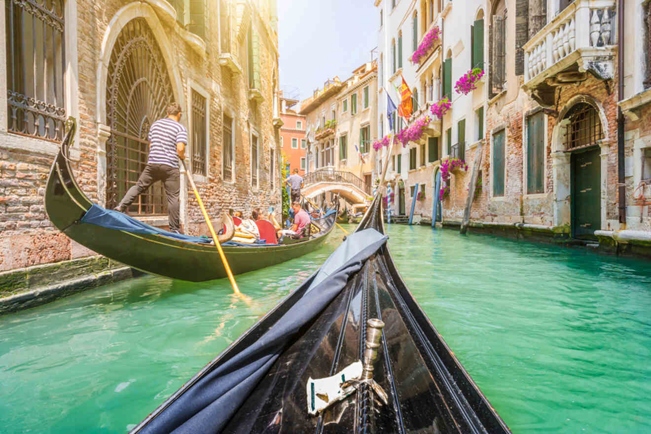 Gondolas on the canal in Venice, Italy.