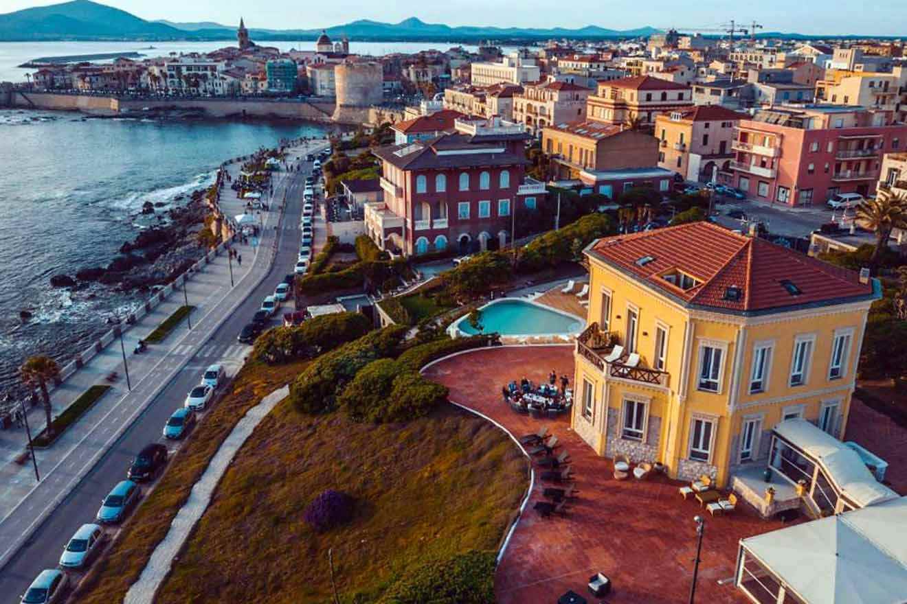 An aerial view of a city on the coast.