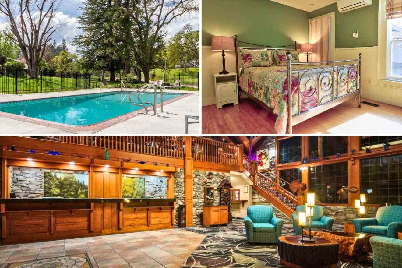 collage of 3 images with: a pool, bedroom and lounge