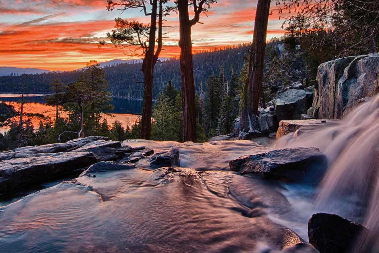 tahoe waterfall at sunset