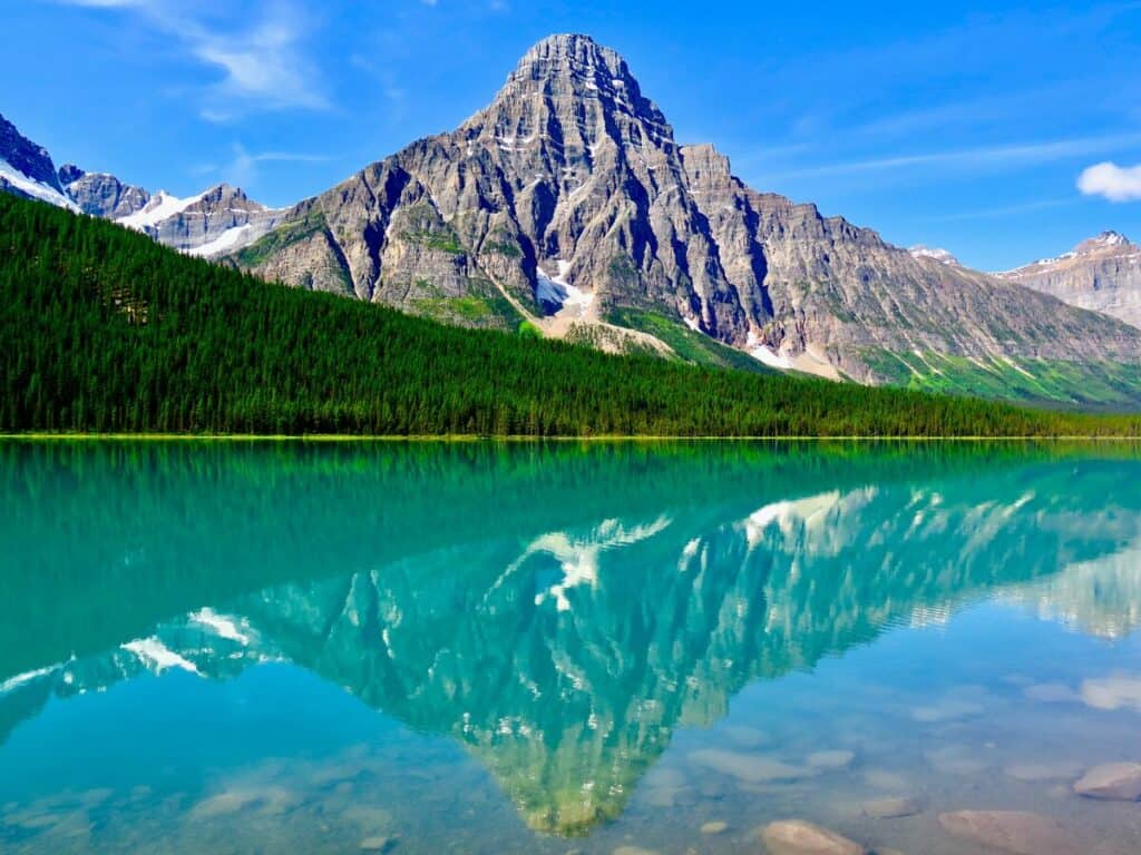 Waterfowl Lake with reflection of mountain peak