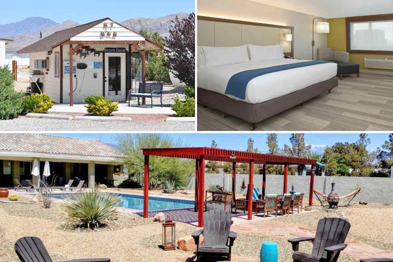 collage of 3 images with: a bedroom, front desk house and pool area with gazebo and wooden chairs