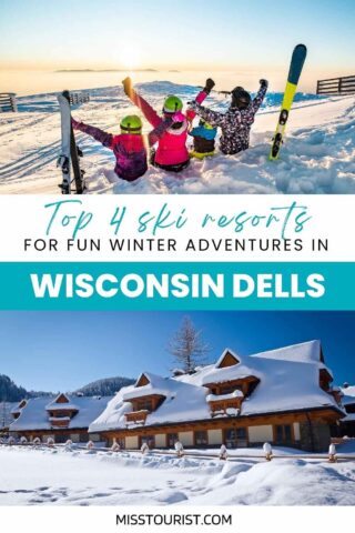 collage of 2 images with: hotel's building on a snowy field and tourists on top of a hill