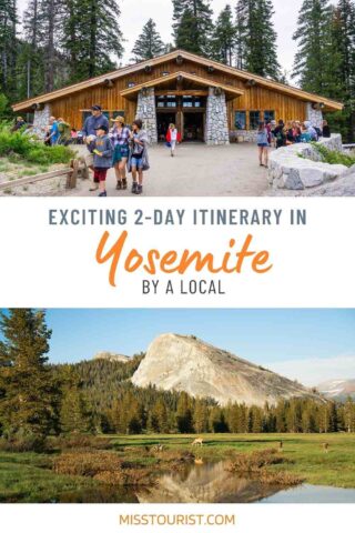 a collage of two photos: people entering a visitor's center, and a deer eating grass with a forest and mountains in the background