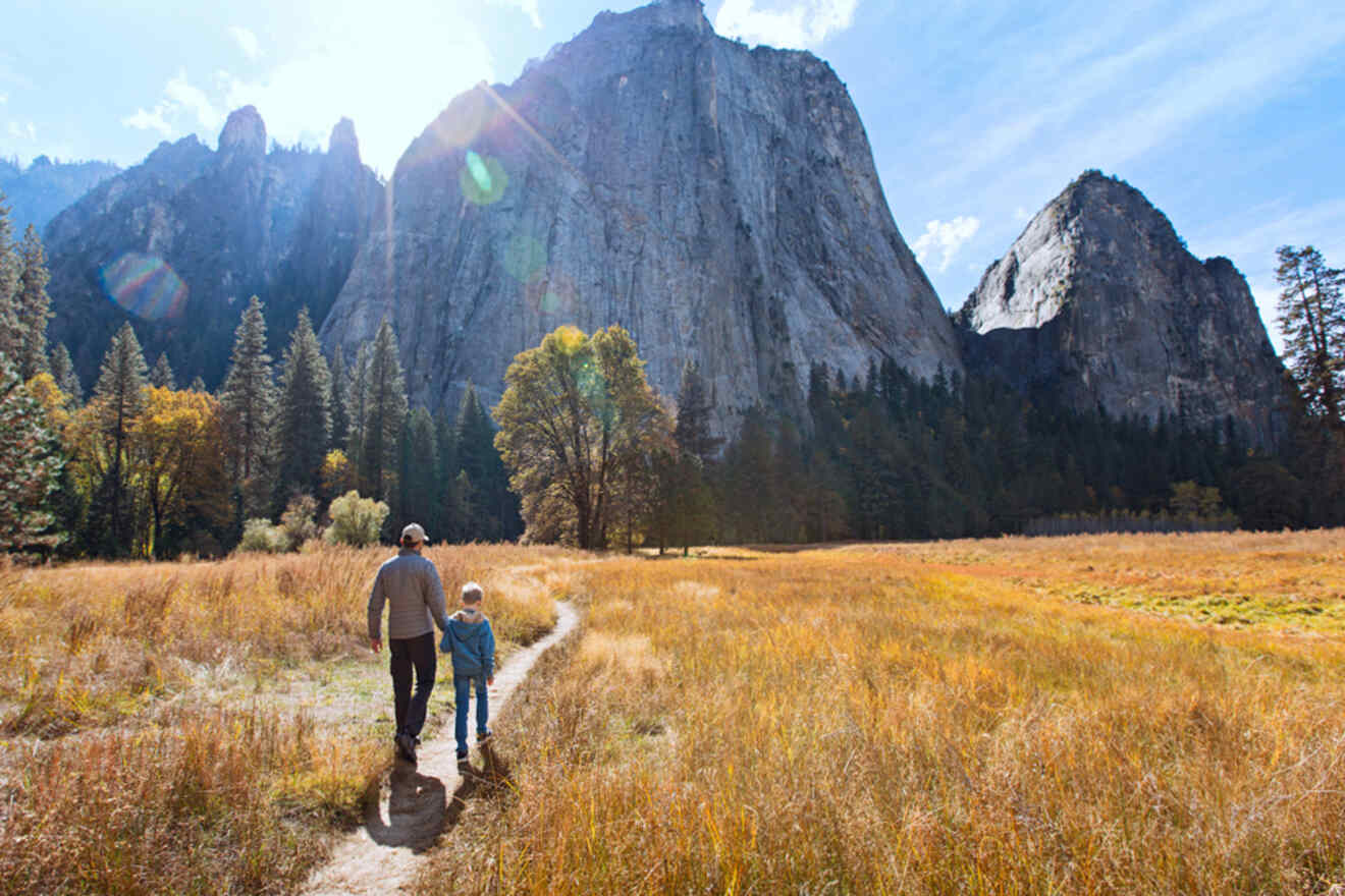 a man and a child walking on a trail towards a mountain