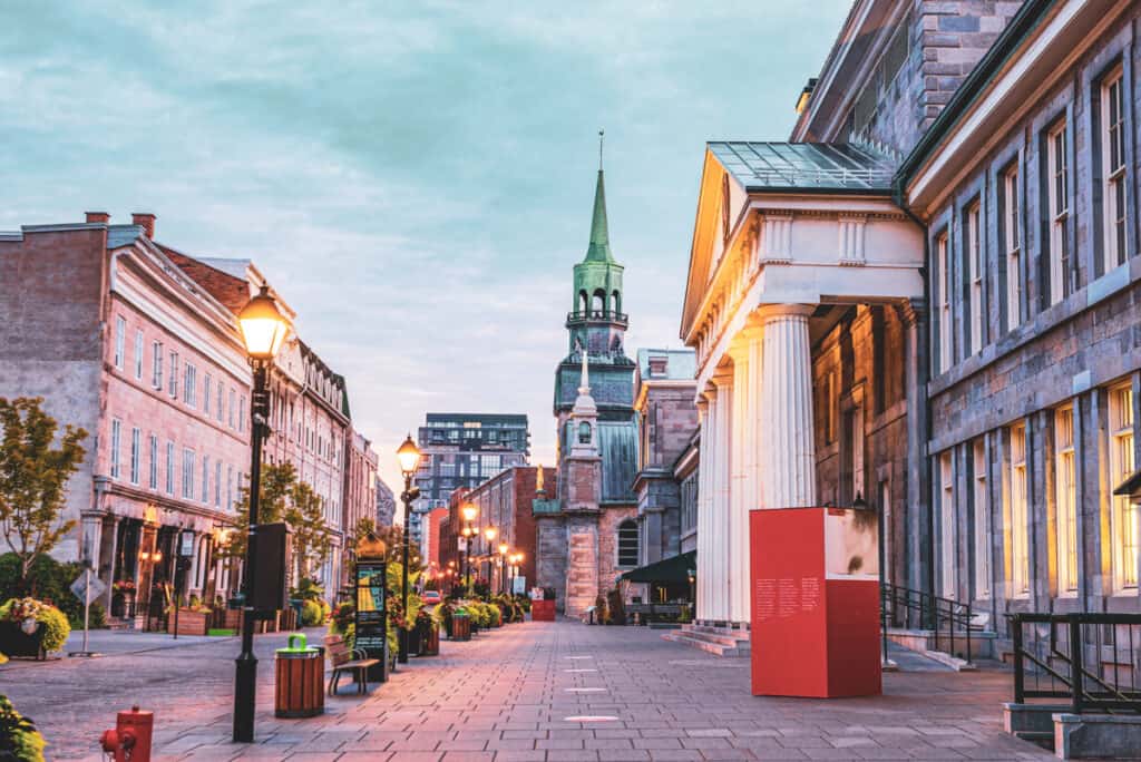 Old town Montreal at famous Cobbled streets at twilight in Canada