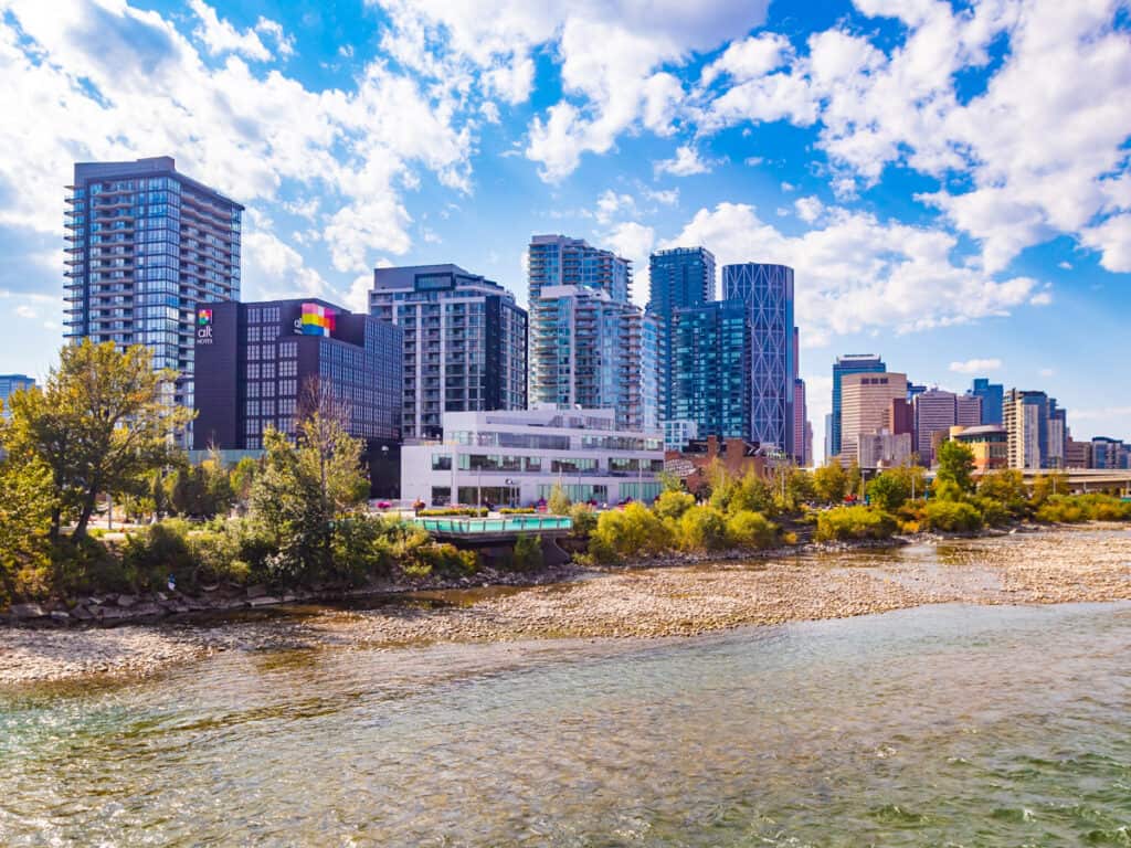 downtown calgary skyline on edge of bow river