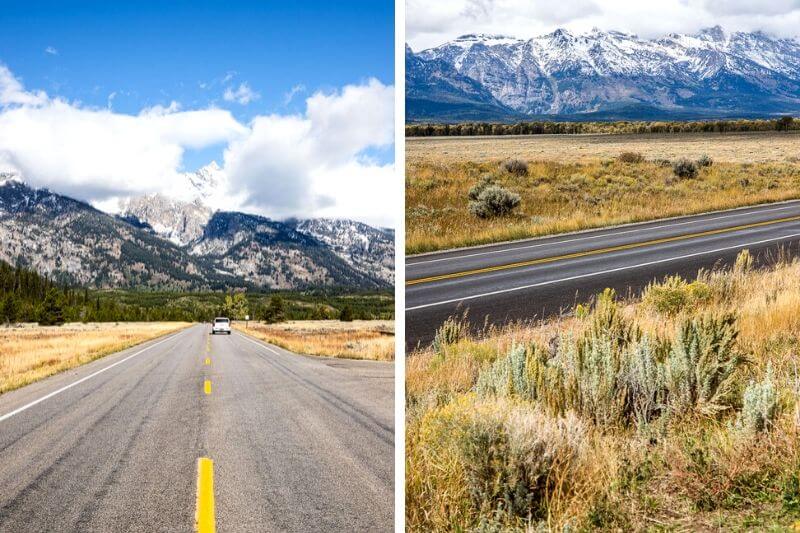 car on road with teton mountains in background