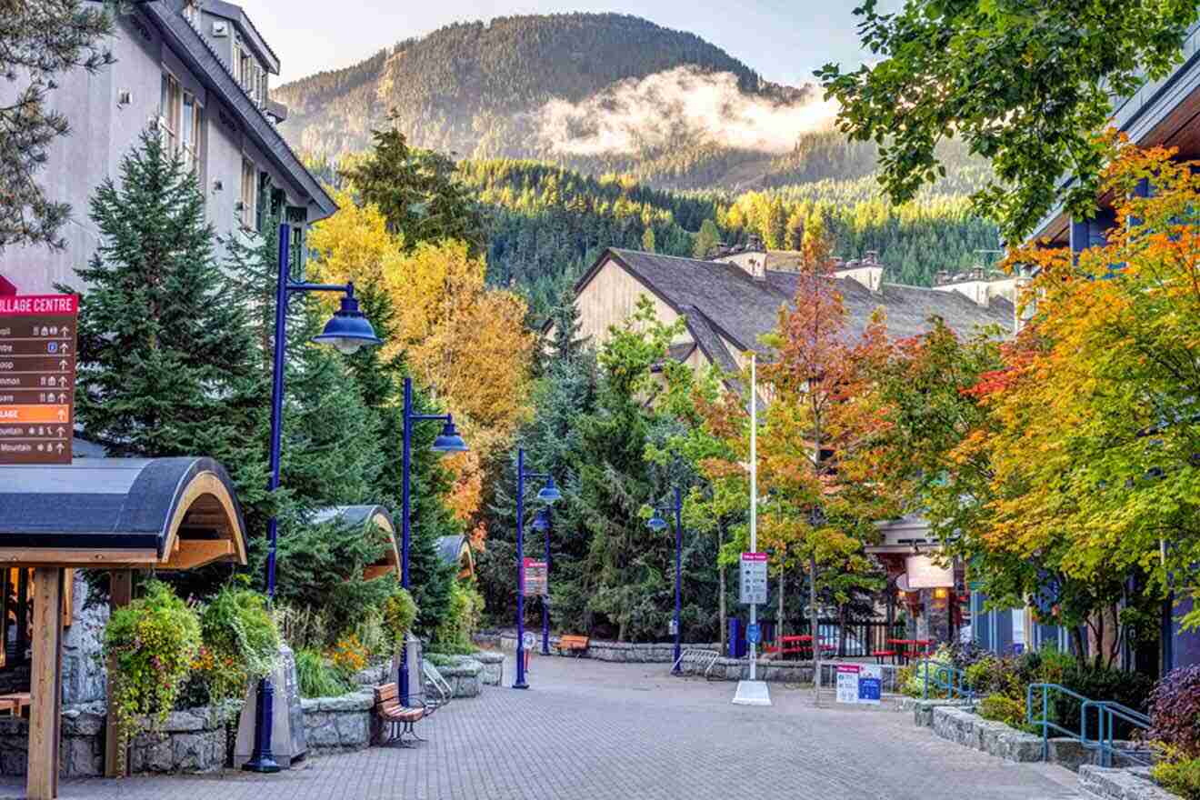 A street lined with shops and a mountain in the background.