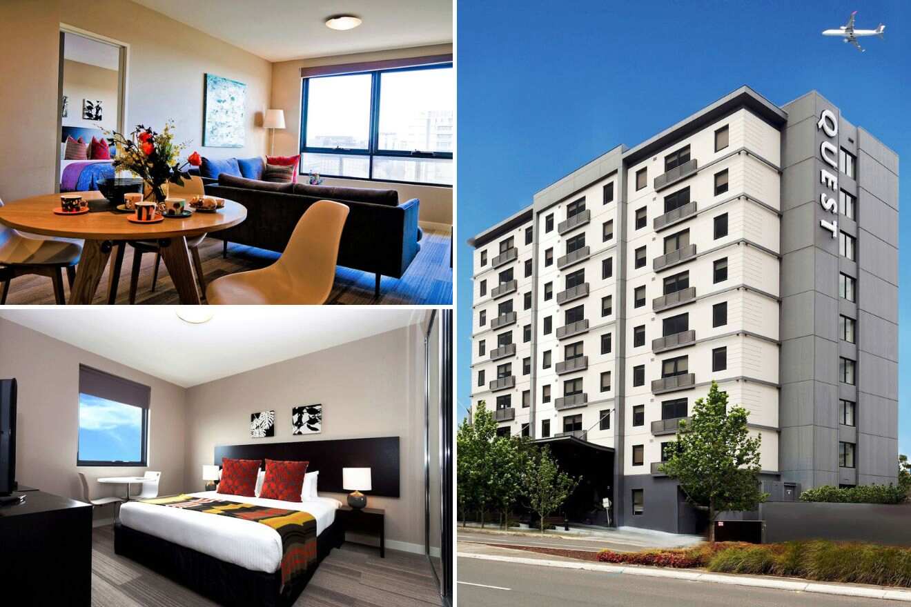 collage of 3 images with: hotel's building, bedroom and lounge