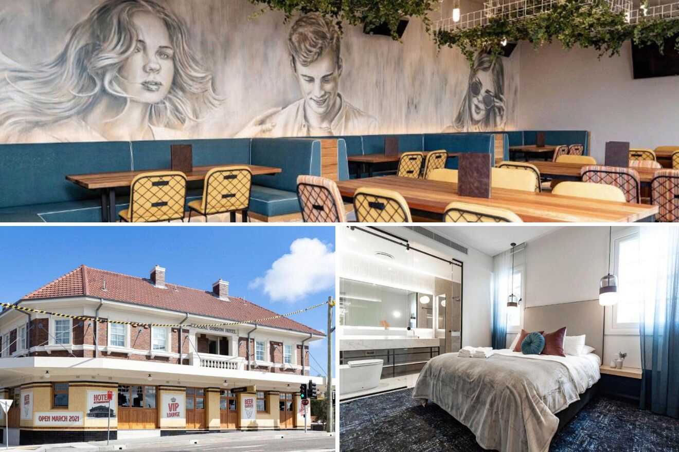 collage of 3 images with: hotel's building, bedroom and restaurant