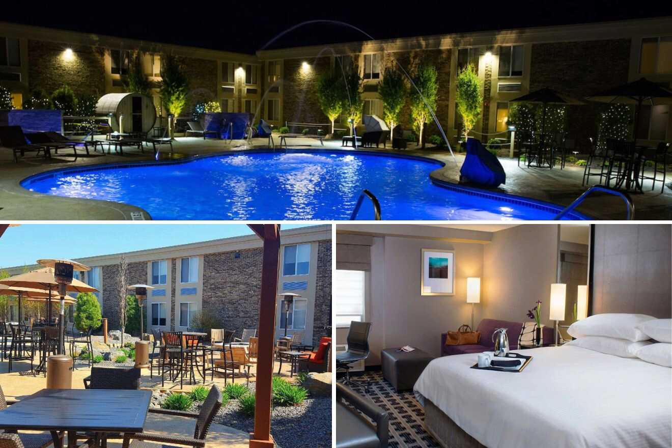 collage of 3 images with: a bedroom, restaurant on the terrace and pool